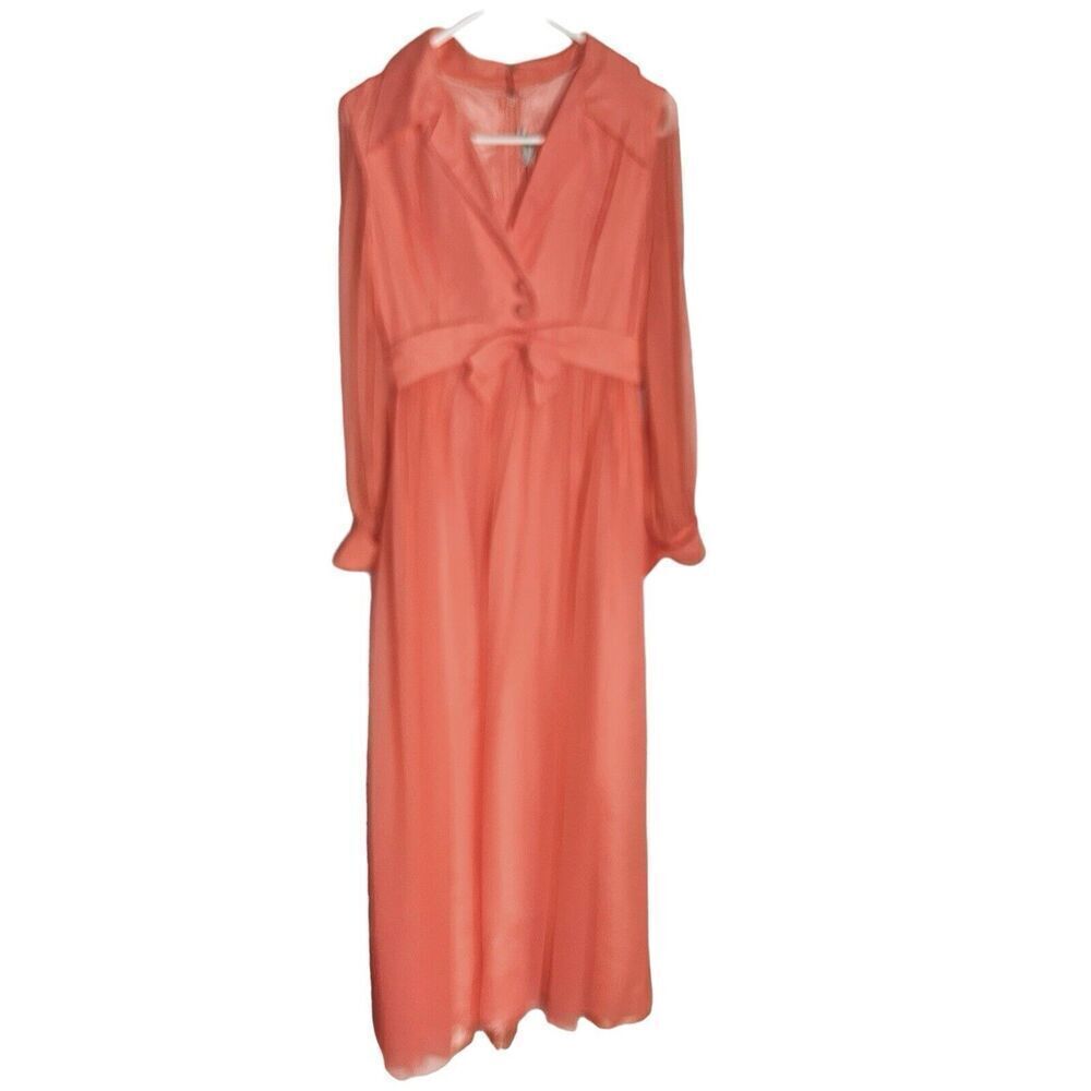 Vintage Emma Domb Womens Formal Gown Sz XS/S Coral Long Sleeve Empire Sheer Maxi